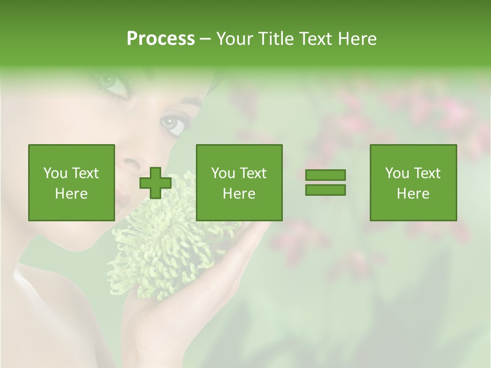 Beautiful Young Woman With Green Chrysanthemum On Floral Green Background As Part Of Spa And Health Setting. PowerPoint Template