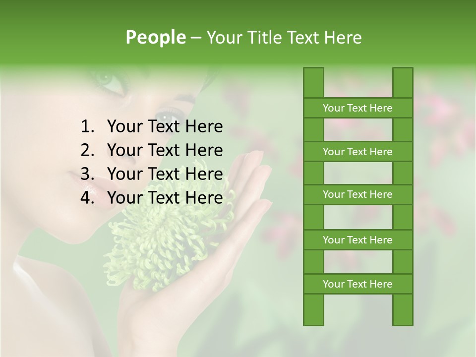 Beautiful Young Woman With Green Chrysanthemum On Floral Green Background As Part Of Spa And Health Setting. PowerPoint Template