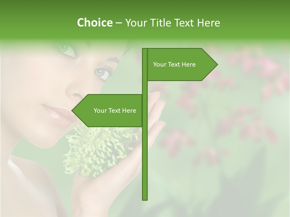 Beautiful Young Woman With Green Chrysanthemum On Floral Green Background As Part Of Spa And Health Setting. PowerPoint Template