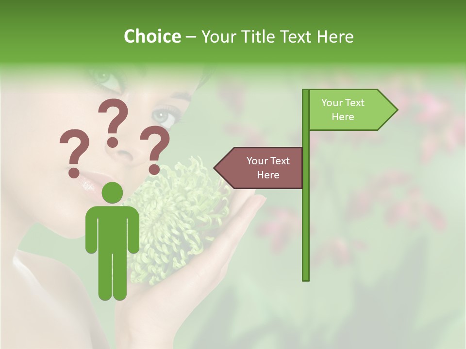 Beautiful Young Woman With Green Chrysanthemum On Floral Green Background As Part Of Spa And Health Setting. PowerPoint Template