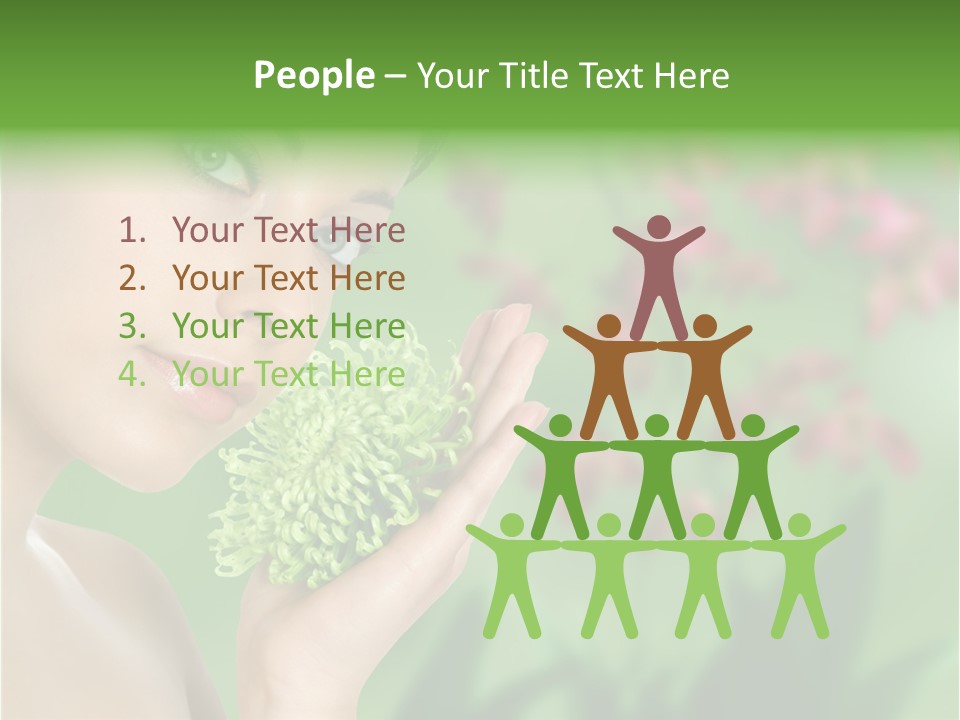 Beautiful Young Woman With Green Chrysanthemum On Floral Green Background As Part Of Spa And Health Setting. PowerPoint Template