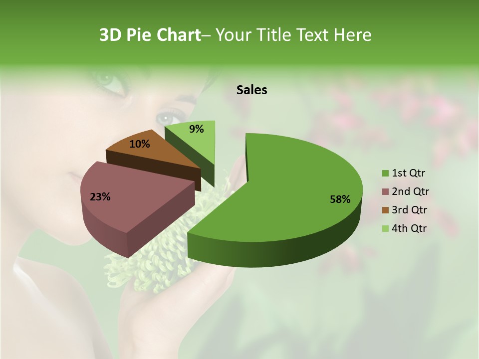 Beautiful Young Woman With Green Chrysanthemum On Floral Green Background As Part Of Spa And Health Setting. PowerPoint Template