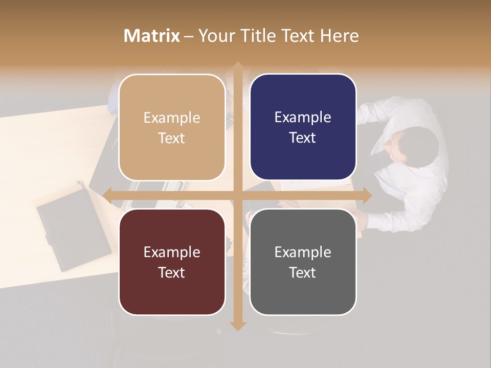 Five Business People Meeting - Businesspeople Gathered Around A Table For A Meeting, Brainstorming. Aerial Shot Taken From Directly Above The Table. PowerPoint Template