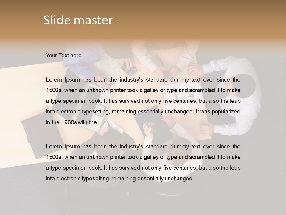 Five Business People Meeting - Businesspeople Gathered Around A Table For A Meeting, Brainstorming. Aerial Shot Taken From Directly Above The Table. PowerPoint Template