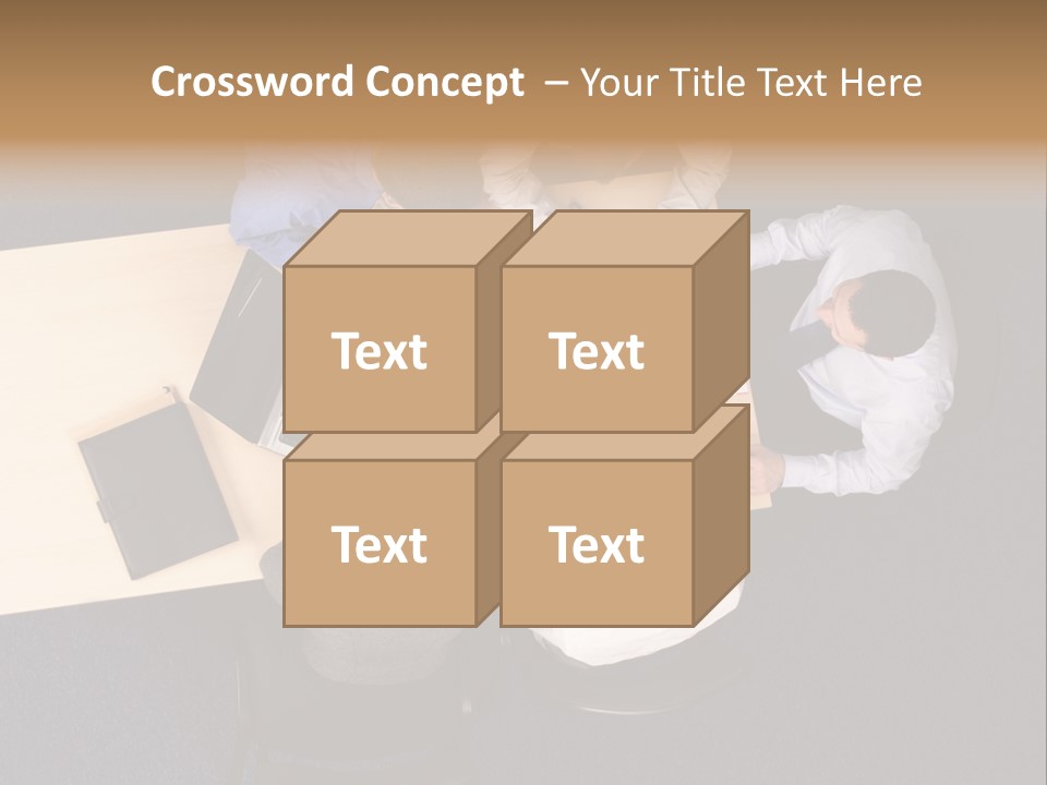 Five Business People Meeting - Businesspeople Gathered Around A Table For A Meeting, Brainstorming. Aerial Shot Taken From Directly Above The Table. PowerPoint Template
