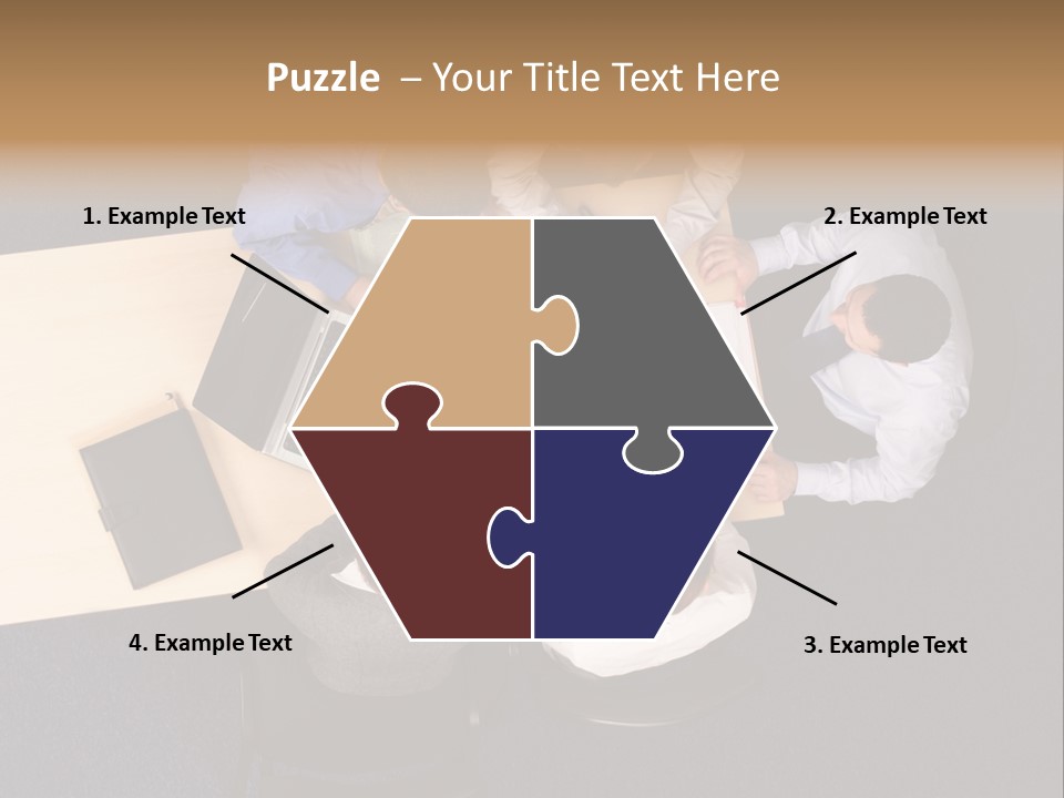 Five Business People Meeting - Businesspeople Gathered Around A Table For A Meeting, Brainstorming. Aerial Shot Taken From Directly Above The Table. PowerPoint Template