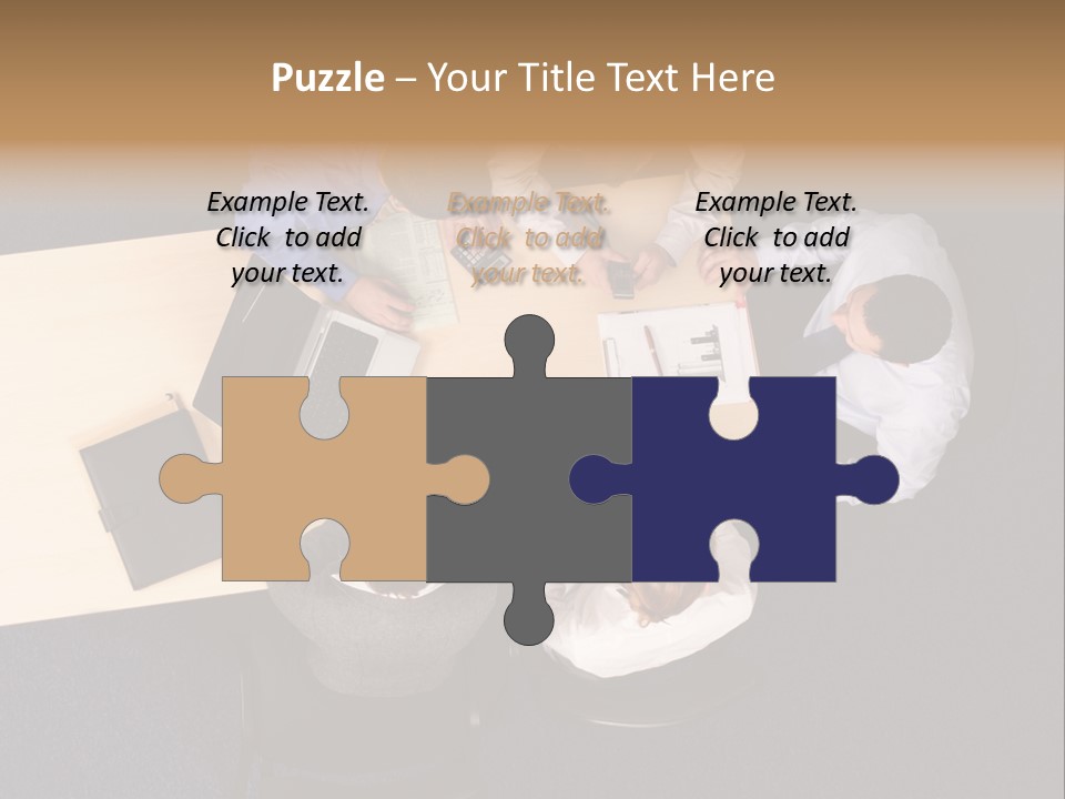 Five Business People Meeting - Businesspeople Gathered Around A Table For A Meeting, Brainstorming. Aerial Shot Taken From Directly Above The Table. PowerPoint Template