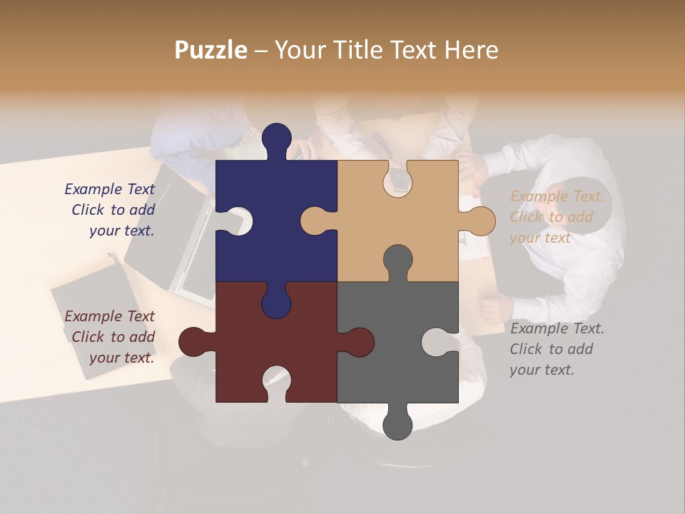 Five Business People Meeting - Businesspeople Gathered Around A Table For A Meeting, Brainstorming. Aerial Shot Taken From Directly Above The Table. PowerPoint Template