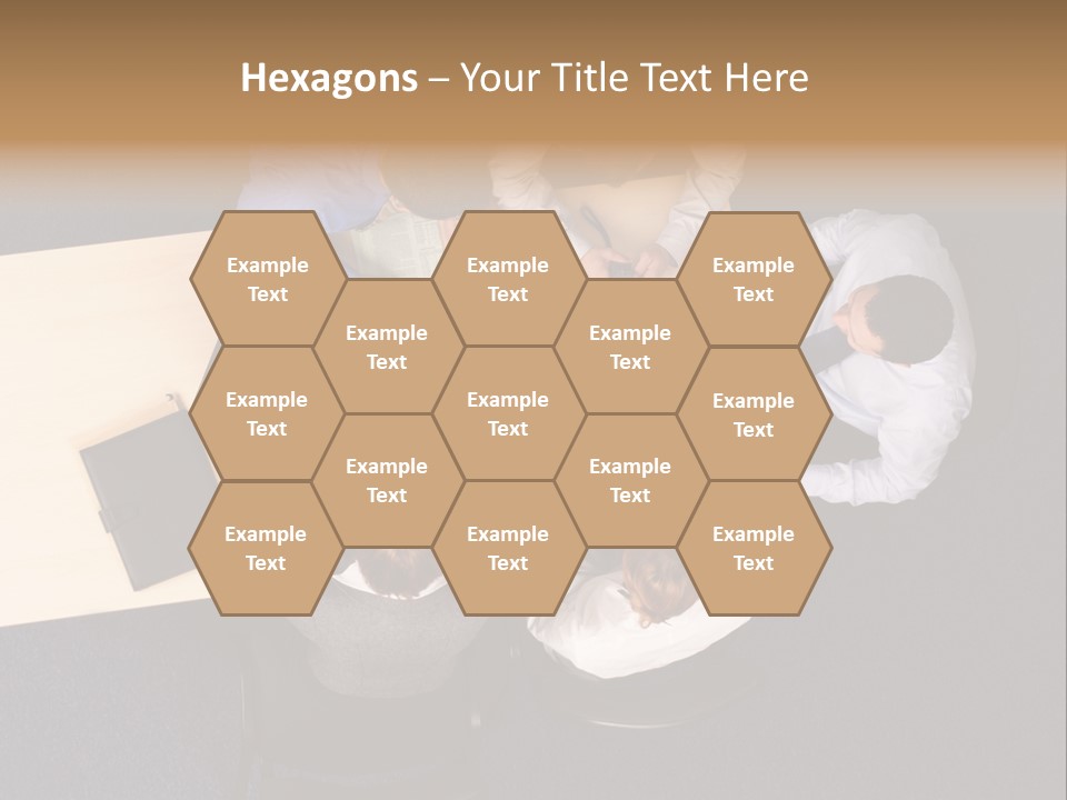 Five Business People Meeting - Businesspeople Gathered Around A Table For A Meeting, Brainstorming. Aerial Shot Taken From Directly Above The Table. PowerPoint Template