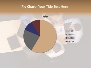 Five Business People Meeting - Businesspeople Gathered Around A Table For A Meeting, Brainstorming. Aerial Shot Taken From Directly Above The Table. PowerPoint Template