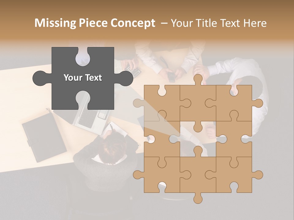 Five Business People Meeting - Businesspeople Gathered Around A Table For A Meeting, Brainstorming. Aerial Shot Taken From Directly Above The Table. PowerPoint Template