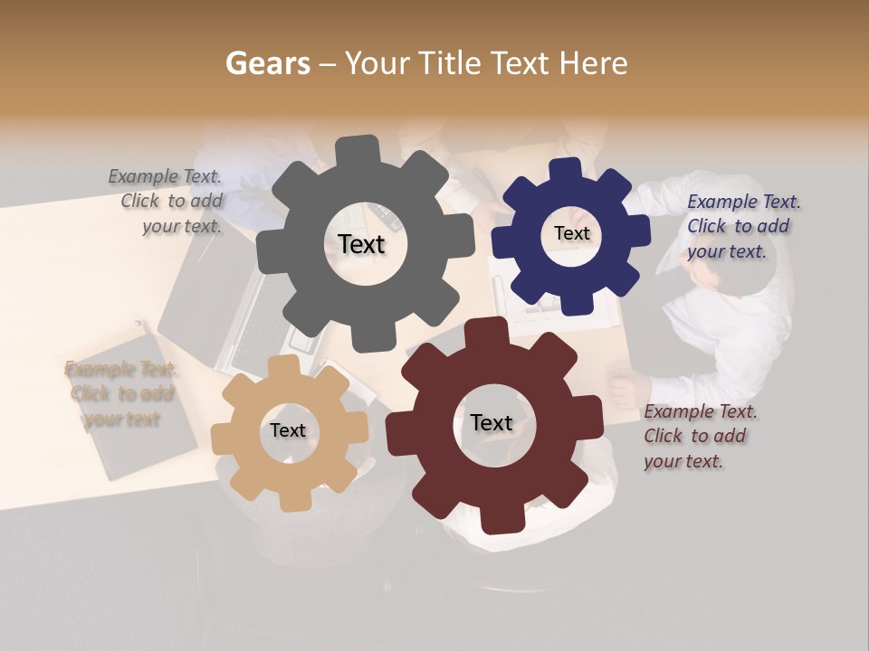 Five Business People Meeting - Businesspeople Gathered Around A Table For A Meeting, Brainstorming. Aerial Shot Taken From Directly Above The Table. PowerPoint Template