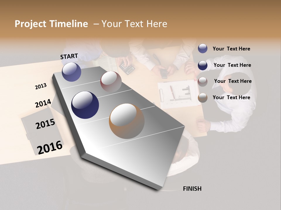 Five Business People Meeting - Businesspeople Gathered Around A Table For A Meeting, Brainstorming. Aerial Shot Taken From Directly Above The Table. PowerPoint Template
