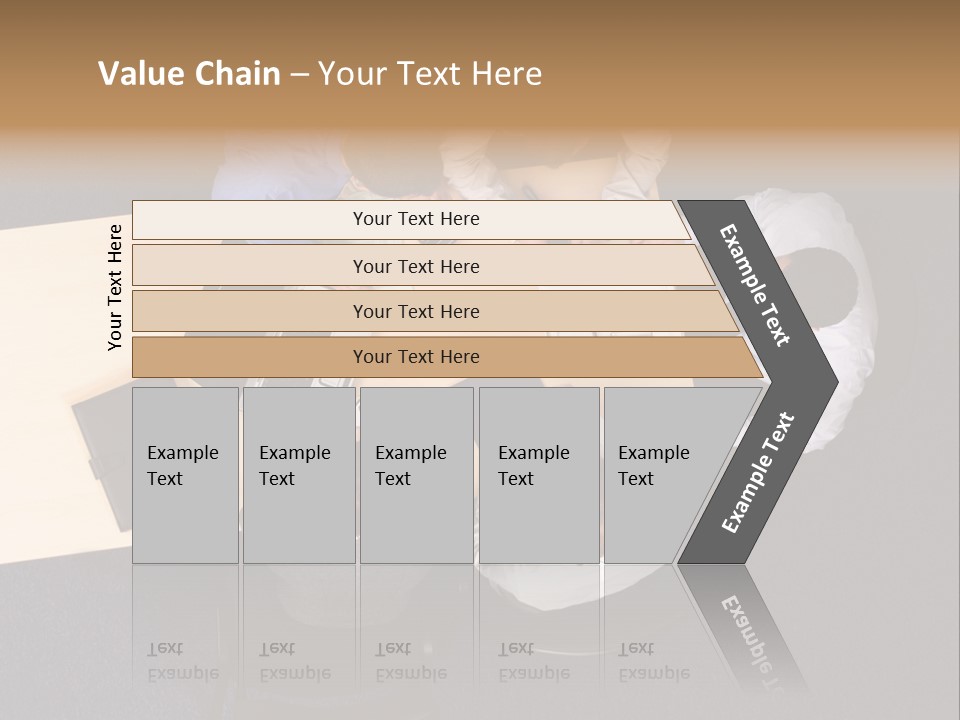 Five Business People Meeting - Businesspeople Gathered Around A Table For A Meeting, Brainstorming. Aerial Shot Taken From Directly Above The Table. PowerPoint Template