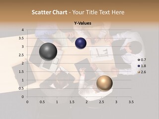 Five Business People Meeting - Businesspeople Gathered Around A Table For A Meeting, Brainstorming. Aerial Shot Taken From Directly Above The Table. PowerPoint Template