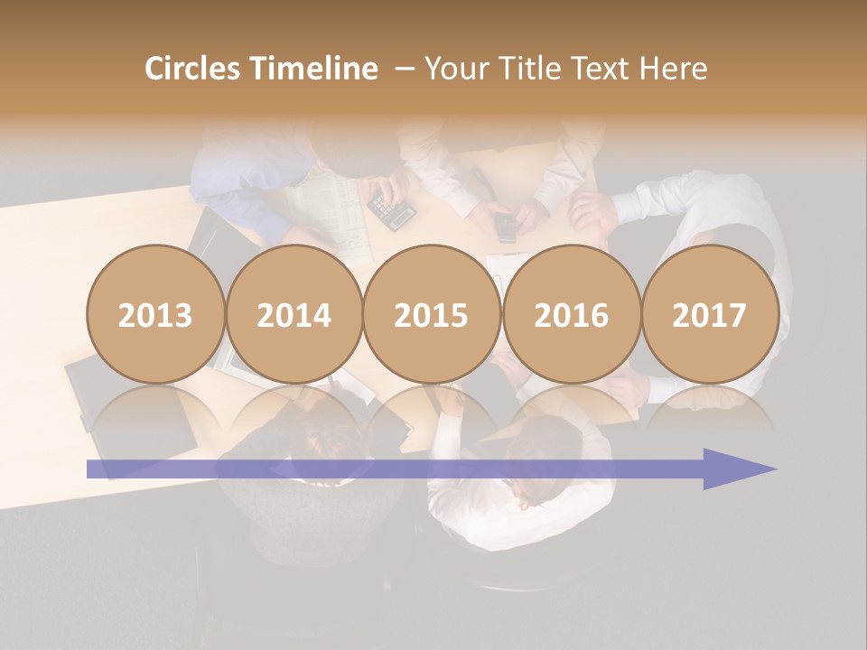 Five Business People Meeting - Businesspeople Gathered Around A Table For A Meeting, Brainstorming. Aerial Shot Taken From Directly Above The Table. PowerPoint Template