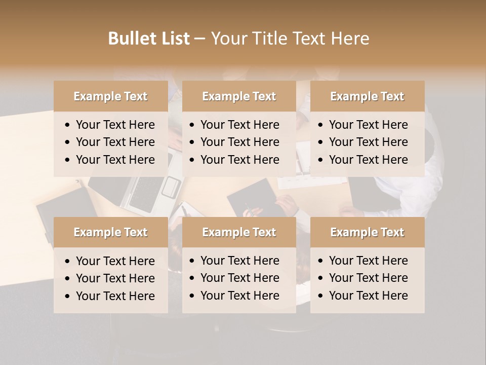 Five Business People Meeting - Businesspeople Gathered Around A Table For A Meeting, Brainstorming. Aerial Shot Taken From Directly Above The Table. PowerPoint Template