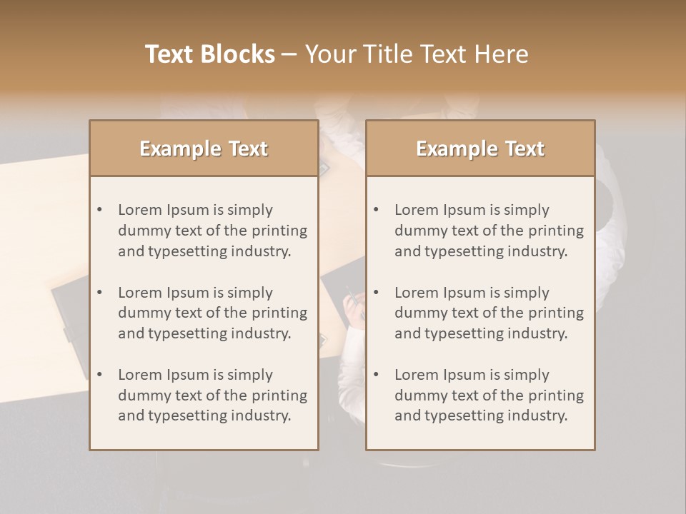 Five Business People Meeting - Businesspeople Gathered Around A Table For A Meeting, Brainstorming. Aerial Shot Taken From Directly Above The Table. PowerPoint Template
