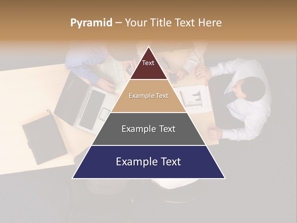 Five Business People Meeting - Businesspeople Gathered Around A Table For A Meeting, Brainstorming. Aerial Shot Taken From Directly Above The Table. PowerPoint Template