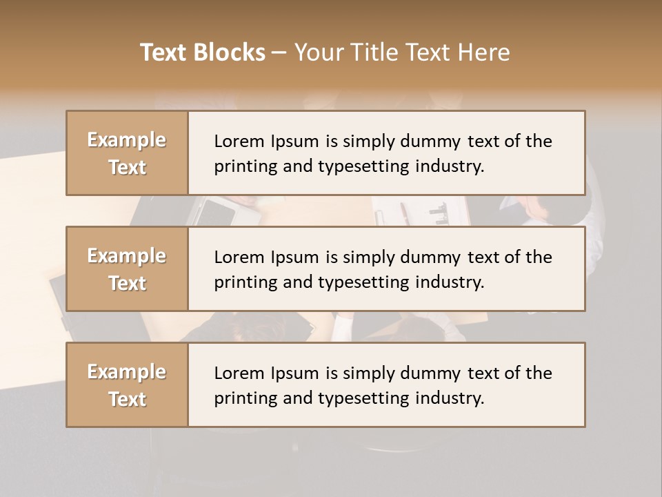 Five Business People Meeting - Businesspeople Gathered Around A Table For A Meeting, Brainstorming. Aerial Shot Taken From Directly Above The Table. PowerPoint Template