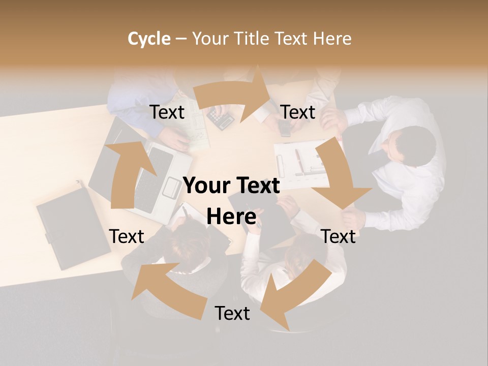 Five Business People Meeting - Businesspeople Gathered Around A Table For A Meeting, Brainstorming. Aerial Shot Taken From Directly Above The Table. PowerPoint Template