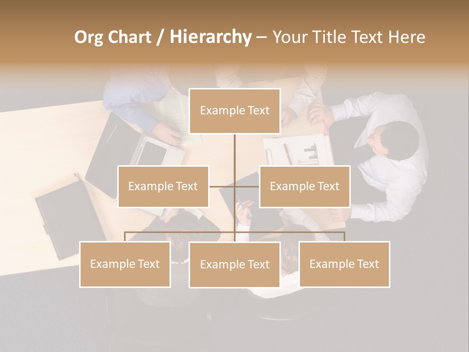 Five Business People Meeting - Businesspeople Gathered Around A Table For A Meeting, Brainstorming. Aerial Shot Taken From Directly Above The Table. PowerPoint Template