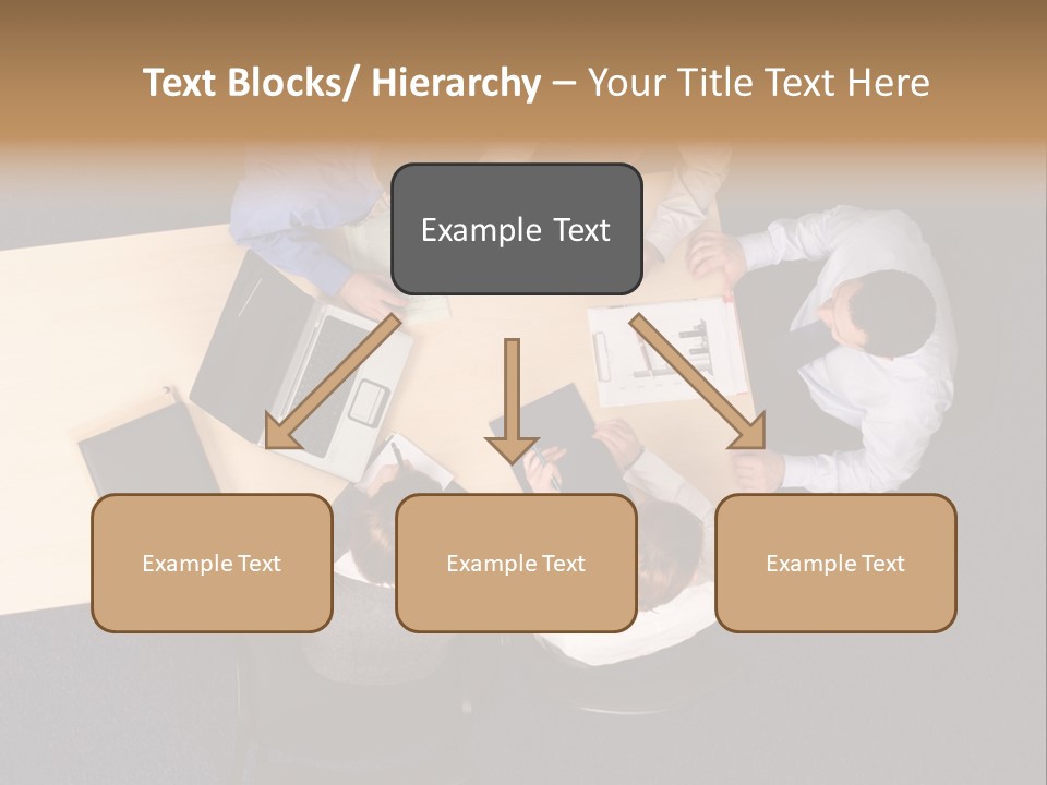 Five Business People Meeting - Businesspeople Gathered Around A Table For A Meeting, Brainstorming. Aerial Shot Taken From Directly Above The Table. PowerPoint Template