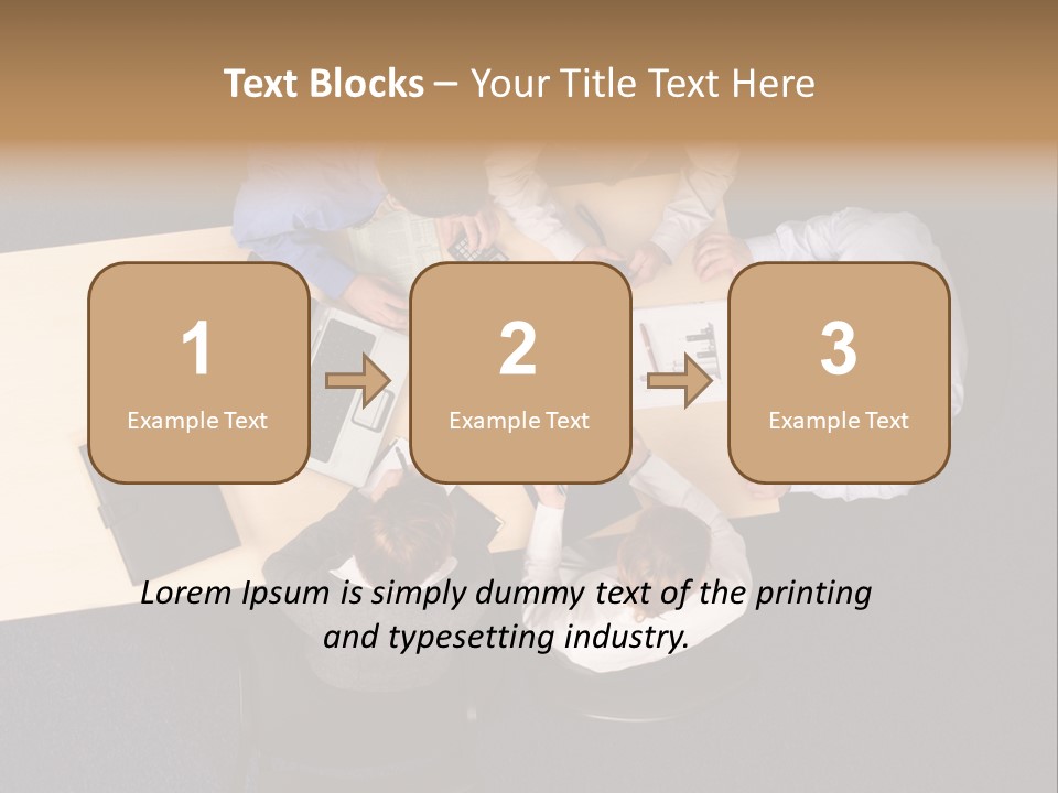 Five Business People Meeting - Businesspeople Gathered Around A Table For A Meeting, Brainstorming. Aerial Shot Taken From Directly Above The Table. PowerPoint Template