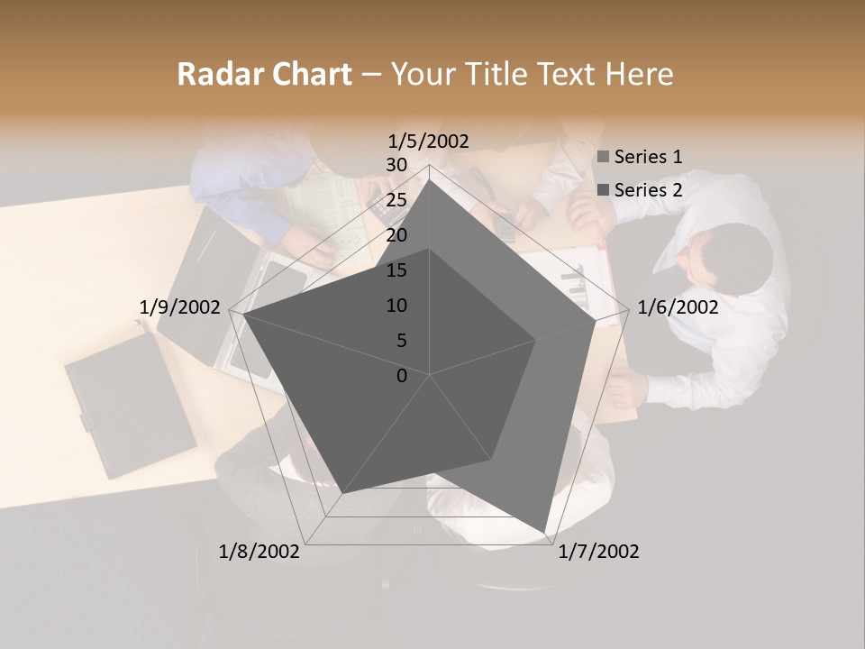 Five Business People Meeting - Businesspeople Gathered Around A Table For A Meeting, Brainstorming. Aerial Shot Taken From Directly Above The Table. PowerPoint Template