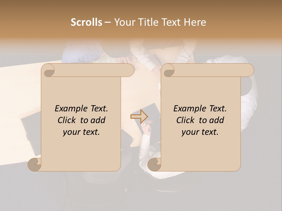 Five Business People Meeting - Businesspeople Gathered Around A Table For A Meeting, Brainstorming. Aerial Shot Taken From Directly Above The Table. PowerPoint Template