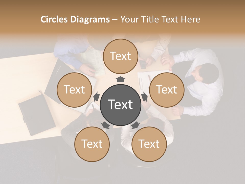 Five Business People Meeting - Businesspeople Gathered Around A Table For A Meeting, Brainstorming. Aerial Shot Taken From Directly Above The Table. PowerPoint Template