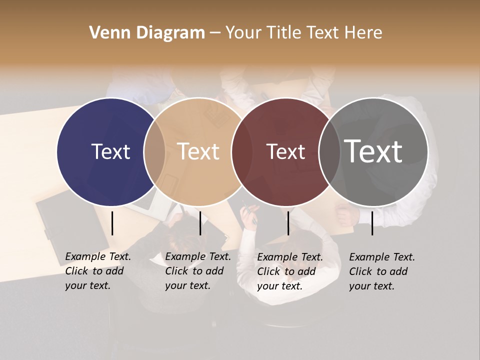 Five Business People Meeting - Businesspeople Gathered Around A Table For A Meeting, Brainstorming. Aerial Shot Taken From Directly Above The Table. PowerPoint Template