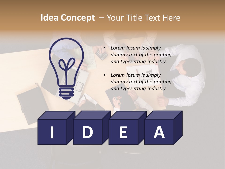 Five Business People Meeting - Businesspeople Gathered Around A Table For A Meeting, Brainstorming. Aerial Shot Taken From Directly Above The Table. PowerPoint Template