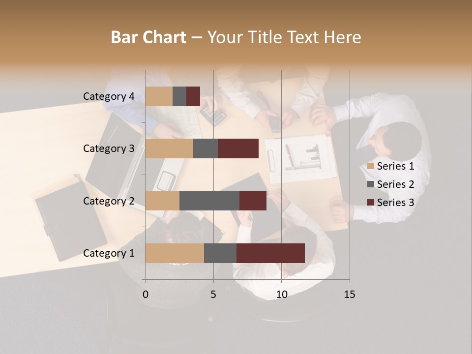 Five Business People Meeting - Businesspeople Gathered Around A Table For A Meeting, Brainstorming. Aerial Shot Taken From Directly Above The Table. PowerPoint Template