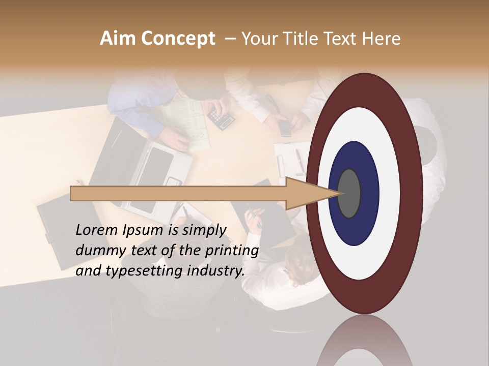 Five Business People Meeting - Businesspeople Gathered Around A Table For A Meeting, Brainstorming. Aerial Shot Taken From Directly Above The Table. PowerPoint Template
