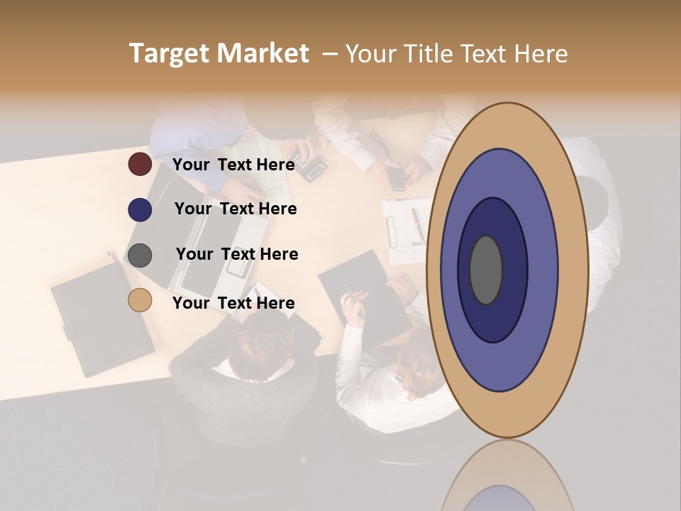 Five Business People Meeting - Businesspeople Gathered Around A Table For A Meeting, Brainstorming. Aerial Shot Taken From Directly Above The Table. PowerPoint Template