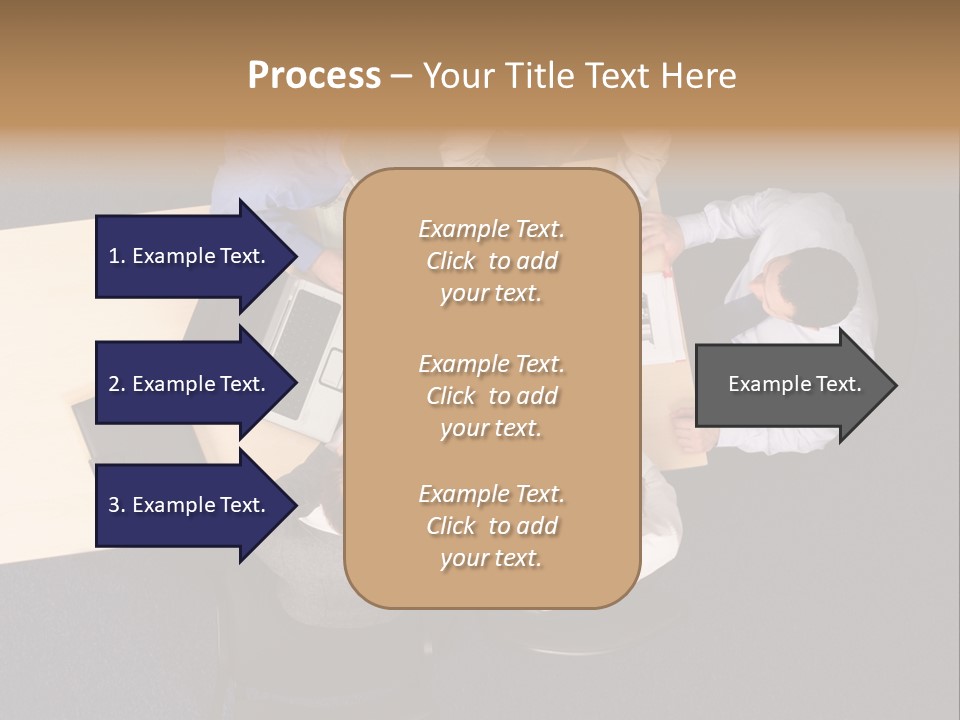 Five Business People Meeting - Businesspeople Gathered Around A Table For A Meeting, Brainstorming. Aerial Shot Taken From Directly Above The Table. PowerPoint Template
