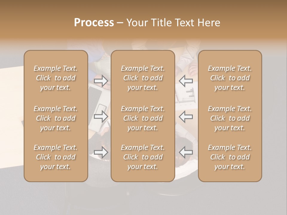 Five Business People Meeting - Businesspeople Gathered Around A Table For A Meeting, Brainstorming. Aerial Shot Taken From Directly Above The Table. PowerPoint Template