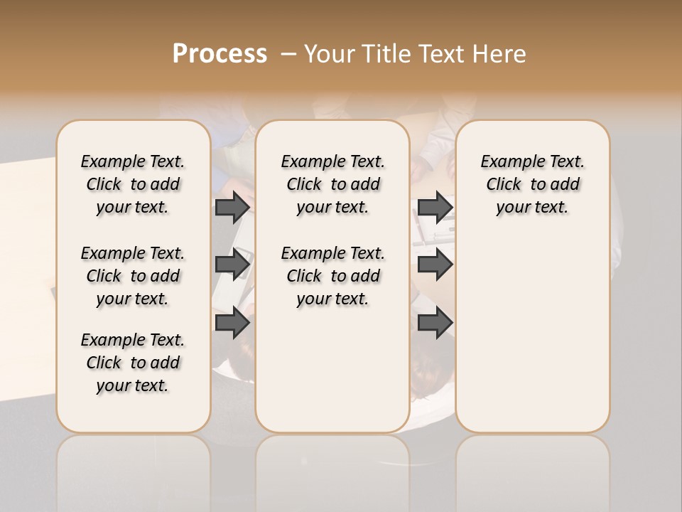 Five Business People Meeting - Businesspeople Gathered Around A Table For A Meeting, Brainstorming. Aerial Shot Taken From Directly Above The Table. PowerPoint Template