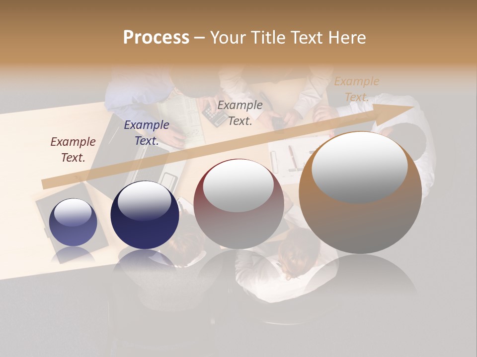 Five Business People Meeting - Businesspeople Gathered Around A Table For A Meeting, Brainstorming. Aerial Shot Taken From Directly Above The Table. PowerPoint Template