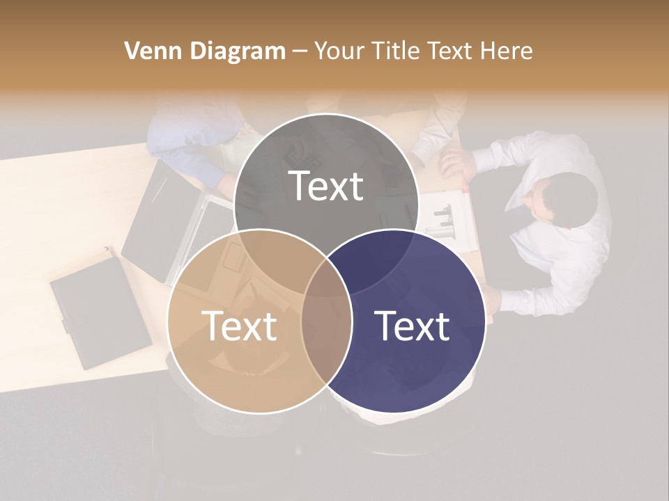 Five Business People Meeting - Businesspeople Gathered Around A Table For A Meeting, Brainstorming. Aerial Shot Taken From Directly Above The Table. PowerPoint Template