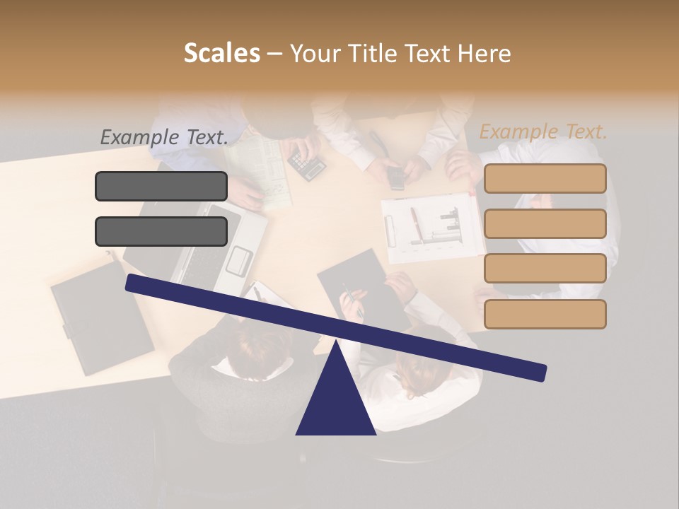 Five Business People Meeting - Businesspeople Gathered Around A Table For A Meeting, Brainstorming. Aerial Shot Taken From Directly Above The Table. PowerPoint Template
