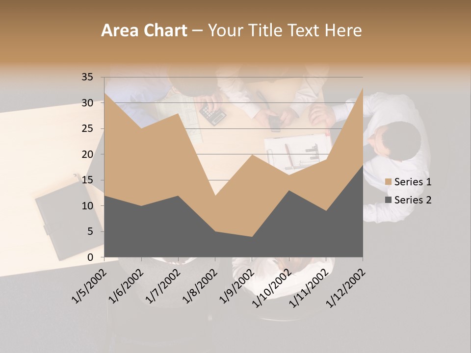 Five Business People Meeting - Businesspeople Gathered Around A Table For A Meeting, Brainstorming. Aerial Shot Taken From Directly Above The Table. PowerPoint Template