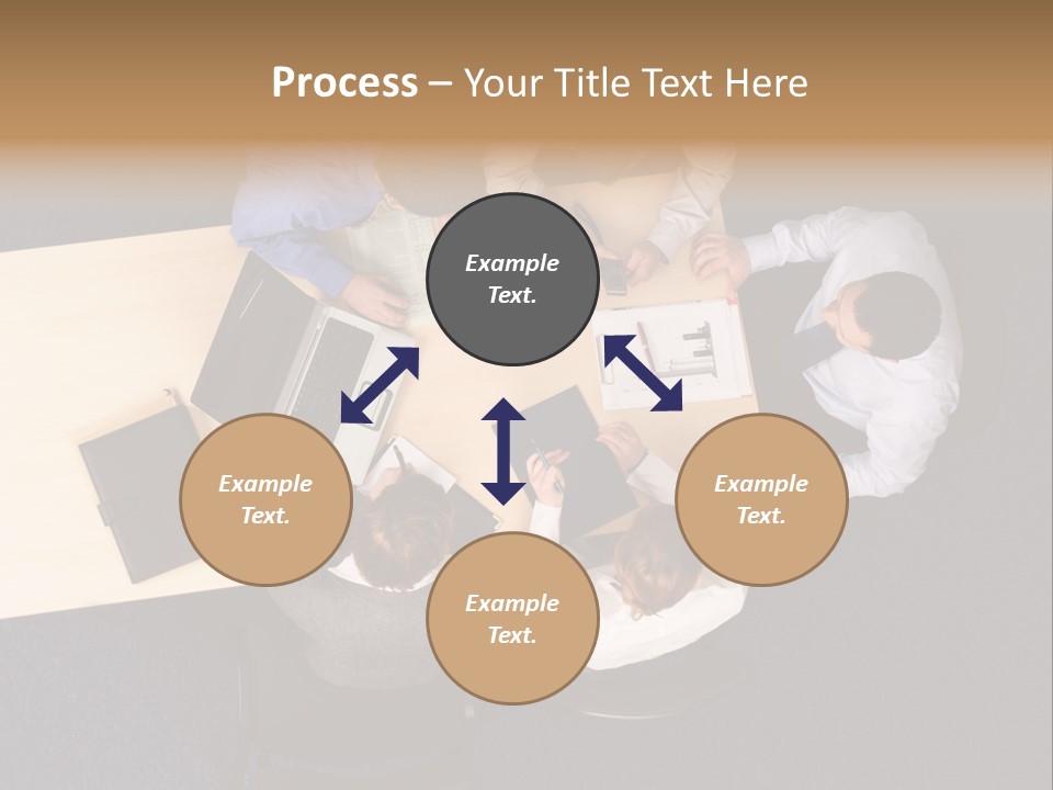 Five Business People Meeting - Businesspeople Gathered Around A Table For A Meeting, Brainstorming. Aerial Shot Taken From Directly Above The Table. PowerPoint Template