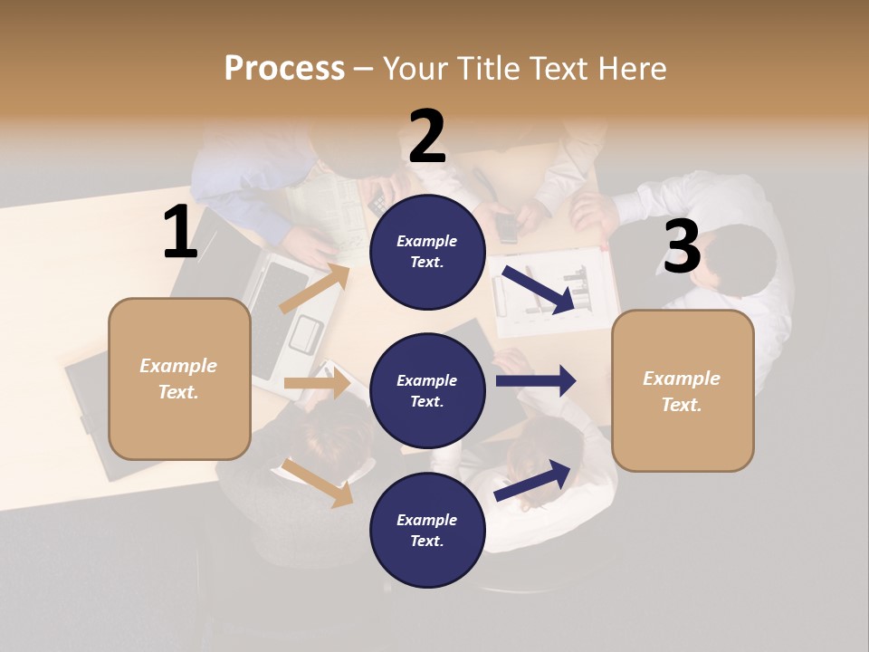 Five Business People Meeting - Businesspeople Gathered Around A Table For A Meeting, Brainstorming. Aerial Shot Taken From Directly Above The Table. PowerPoint Template