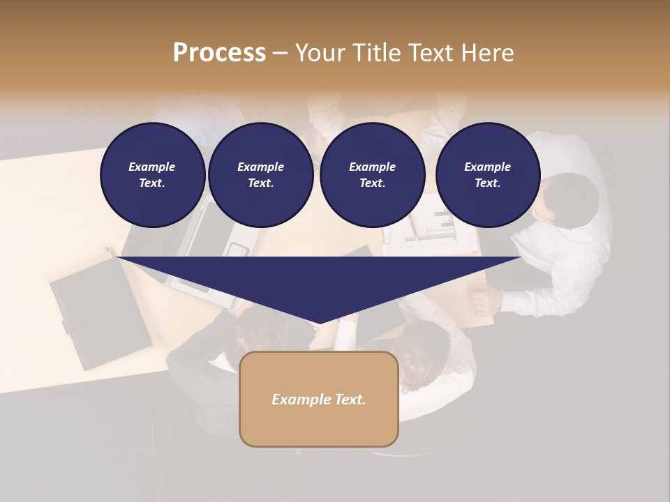Five Business People Meeting - Businesspeople Gathered Around A Table For A Meeting, Brainstorming. Aerial Shot Taken From Directly Above The Table. PowerPoint Template