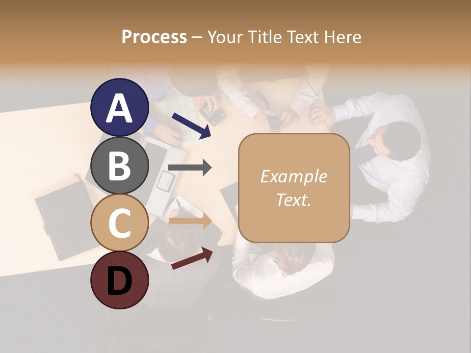 Five Business People Meeting - Businesspeople Gathered Around A Table For A Meeting, Brainstorming. Aerial Shot Taken From Directly Above The Table. PowerPoint Template