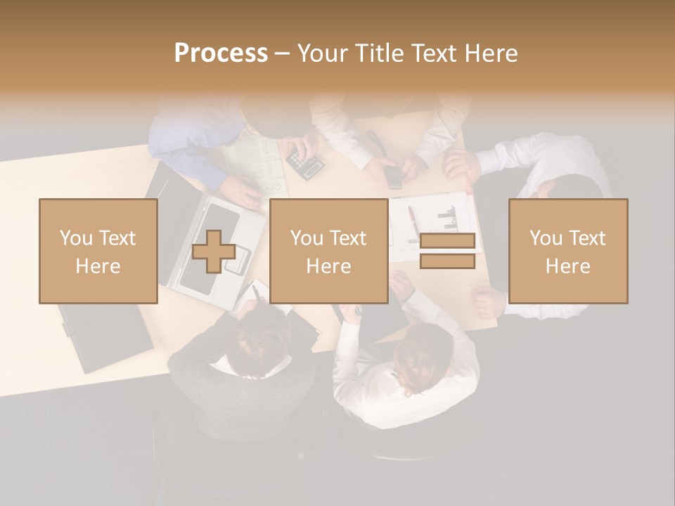 Five Business People Meeting - Businesspeople Gathered Around A Table For A Meeting, Brainstorming. Aerial Shot Taken From Directly Above The Table. PowerPoint Template