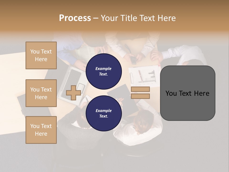 Five Business People Meeting - Businesspeople Gathered Around A Table For A Meeting, Brainstorming. Aerial Shot Taken From Directly Above The Table. PowerPoint Template