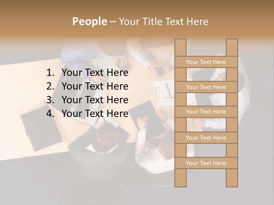 Five Business People Meeting - Businesspeople Gathered Around A Table For A Meeting, Brainstorming. Aerial Shot Taken From Directly Above The Table. PowerPoint Template